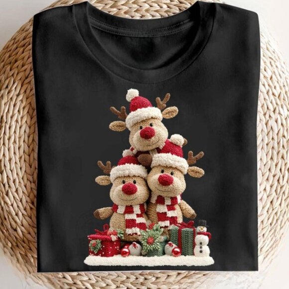 Cute Christmas Shirt, Trendy Crochet Red Nose Reindeer Print Shirt - Picture 1 of 4